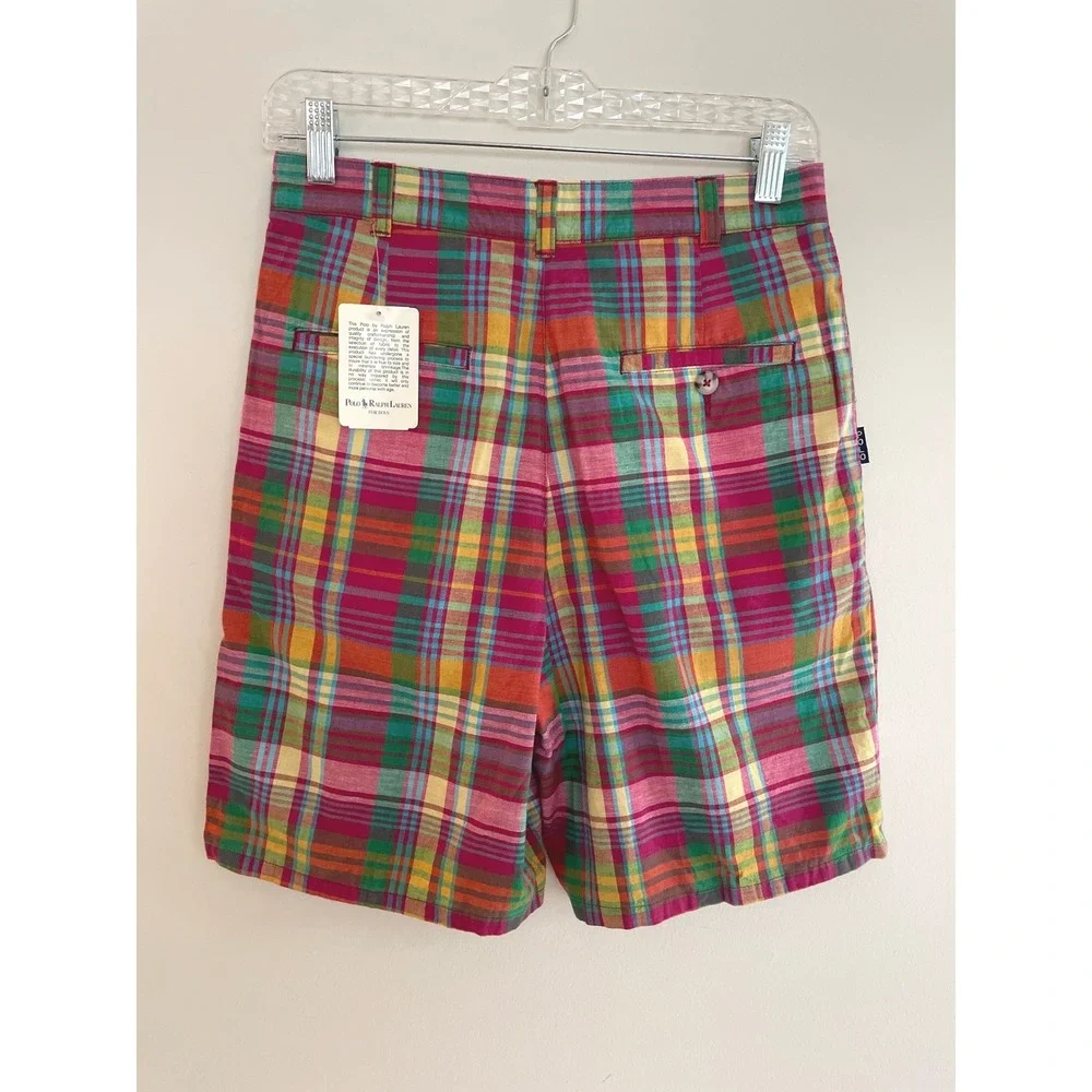 VTG Polo Ralph Lauren Tyler Madras Plaid Shorts Multi Pleated Cotton 18 Prep/29